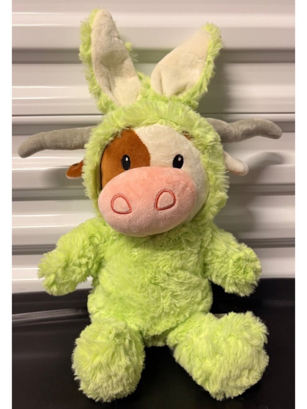 Easter Plush Longhorn Cow Stuffed Animal With Bunny Hoodie Ears Green White 17”